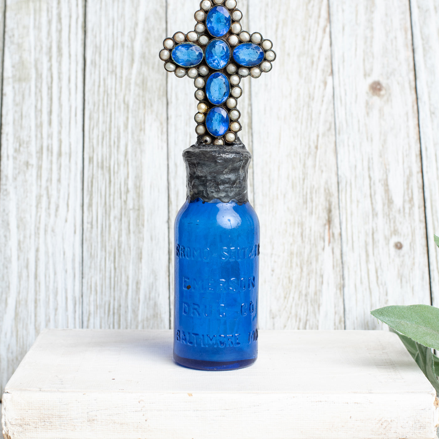 Cobalt Blue 1890's Antique Bottle with Hand Soldered Blue and Pearl Cross