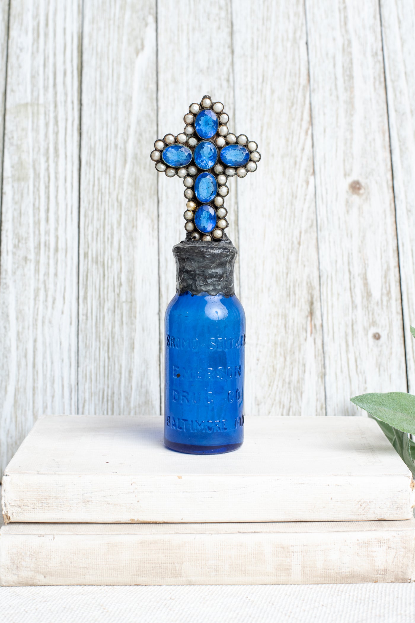 Cobalt Blue 1890's Antique Bottle with Hand Soldered Blue and Pearl Cross