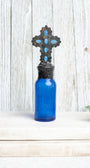 Cobalt Blue 1890's Antique Bottle with Hand Soldered Blue and Pearl Cross