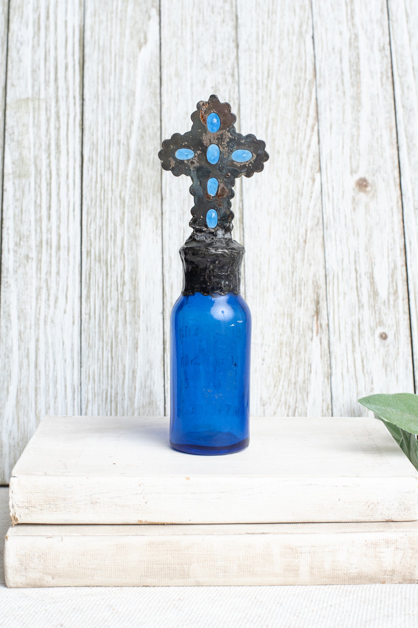 Cobalt Blue 1890's Antique Bottle with Hand Soldered Blue and Pearl Cross