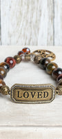 Vintage Style "LOVED" Metal Wrist Plate with Crystal Stones on a Tiger's Eye Stone Stretch Bracelet with Open Cross Style Charm