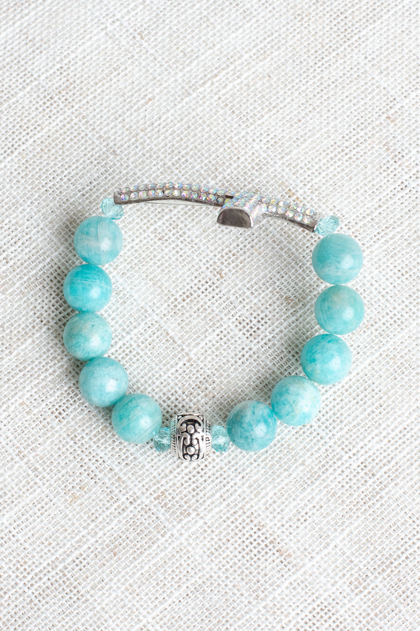 Aqua Quartz Beaded Bracelet with Bold Aurora Borealis Pave Crystal Silvertone Cross