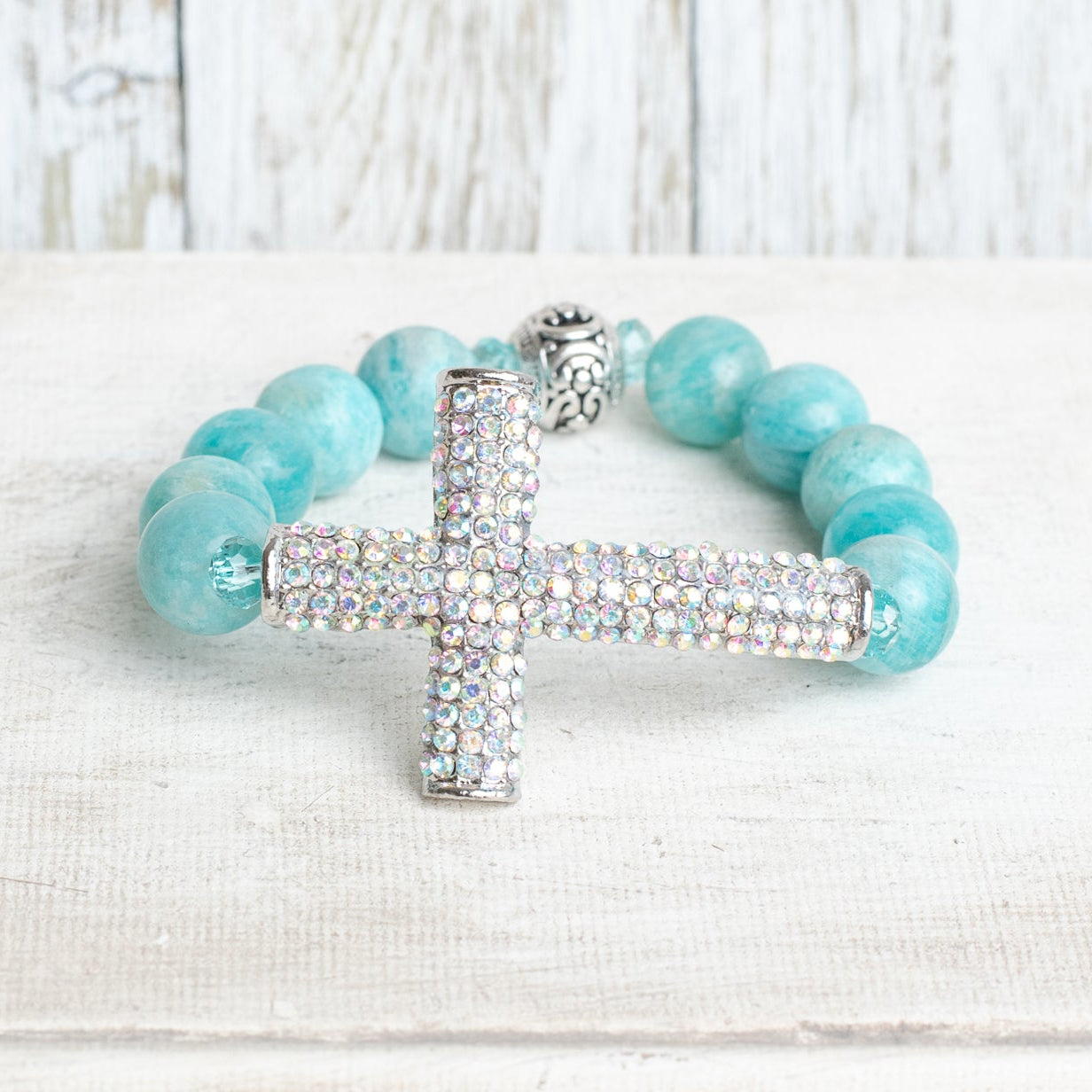 Aqua Quartz Beaded Bracelet with Bold Aurora Borealis Pave Crystal Silvertone Cross