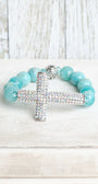 Aqua Quartz Beaded Bracelet with Bold Aurora Borealis Pave Crystal Silvertone Cross