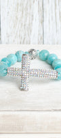 Aqua Quartz Beaded Bracelet with Bold Aurora Borealis Pave Crystal Silvertone Cross