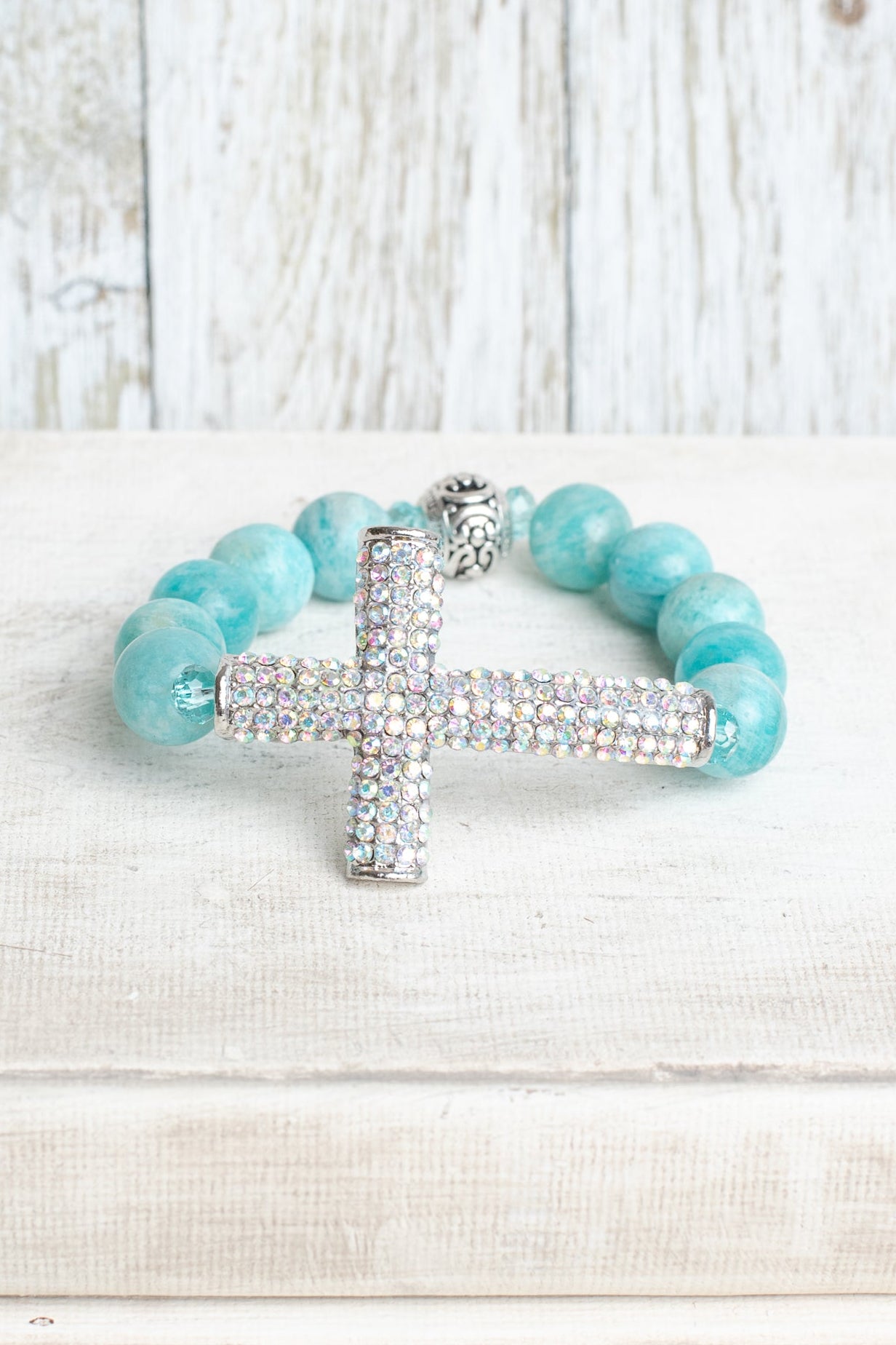 Aqua Quartz Beaded Bracelet with Bold Aurora Borealis Pave Crystal Silvertone Cross