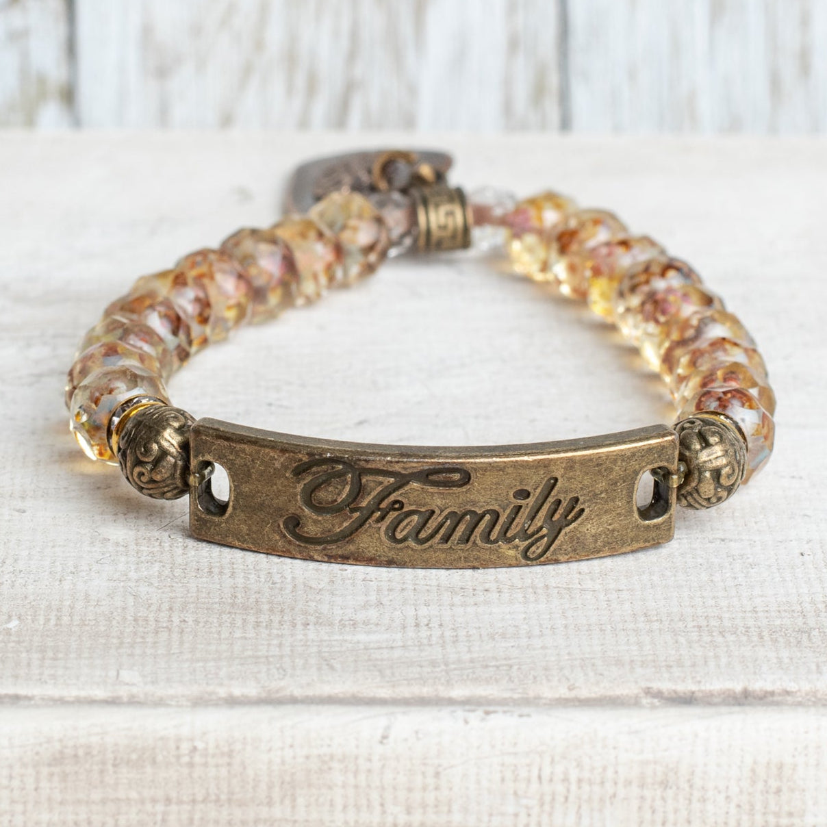 Bronze Center with Family/Forever Inscribed on Antiqued Czech Clear and Brown Crystal Stretch Bracelet with Heart Charm GRACE