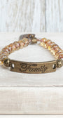 Bronze Center with Family/Forever Inscribed on Antiqued Czech Clear and Brown Crystal Stretch Bracelet with Heart Charm GRACE