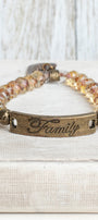 Bronze Center with Family/Forever Inscribed on Antiqued Czech Clear and Brown Crystal Stretch Bracelet with Heart Charm GRACE