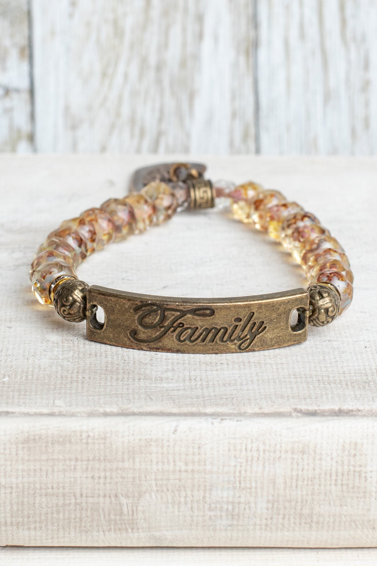 Bronze Center with Family/Forever Inscribed on Antiqued Czech Clear and Brown Crystal Stretch Bracelet with Heart Charm GRACE