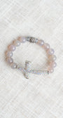 Gray Quartz Beaded Bracelet with Bold Aurora Borealis Pave Crystal Silvertone Cross