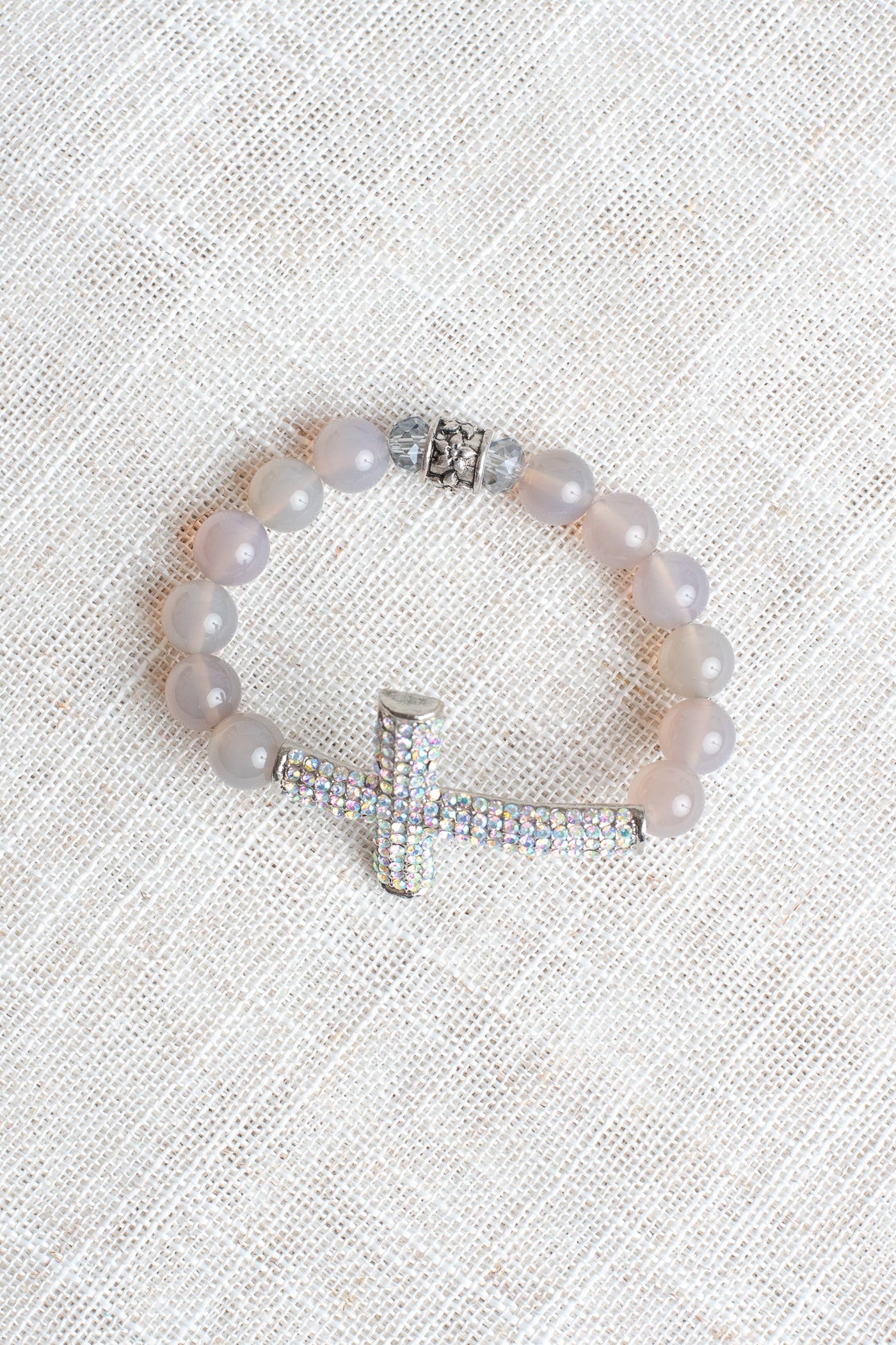 Gray Quartz Beaded Bracelet with Bold Aurora Borealis Pave Crystal Silvertone Cross