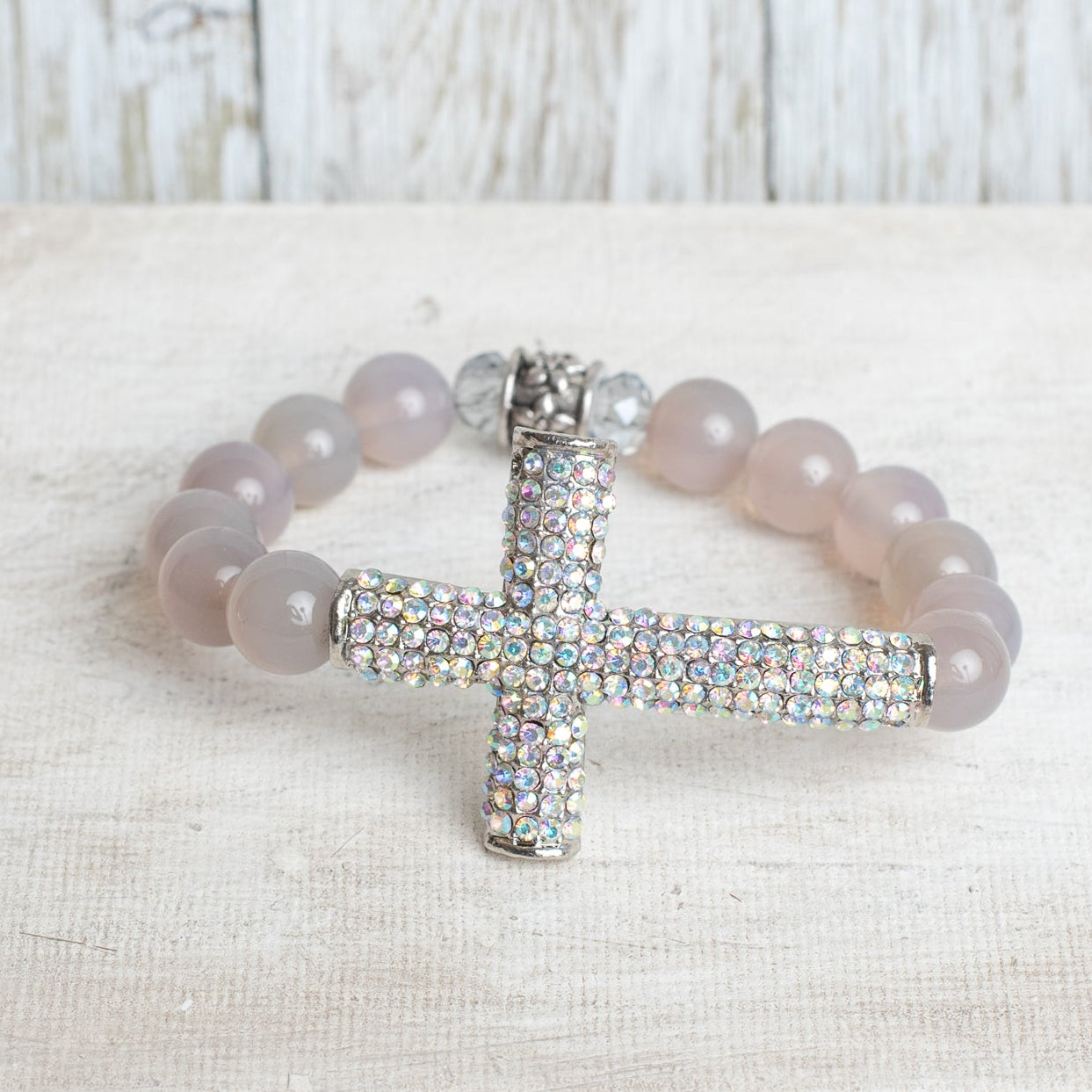 Gray Quartz Beaded Bracelet with Bold Aurora Borealis Pave Crystal Silvertone Cross