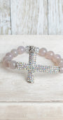 Gray Quartz Beaded Bracelet with Bold Aurora Borealis Pave Crystal Silvertone Cross