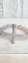 Gray Quartz Beaded Bracelet with Bold Aurora Borealis Pave Crystal Silvertone Cross