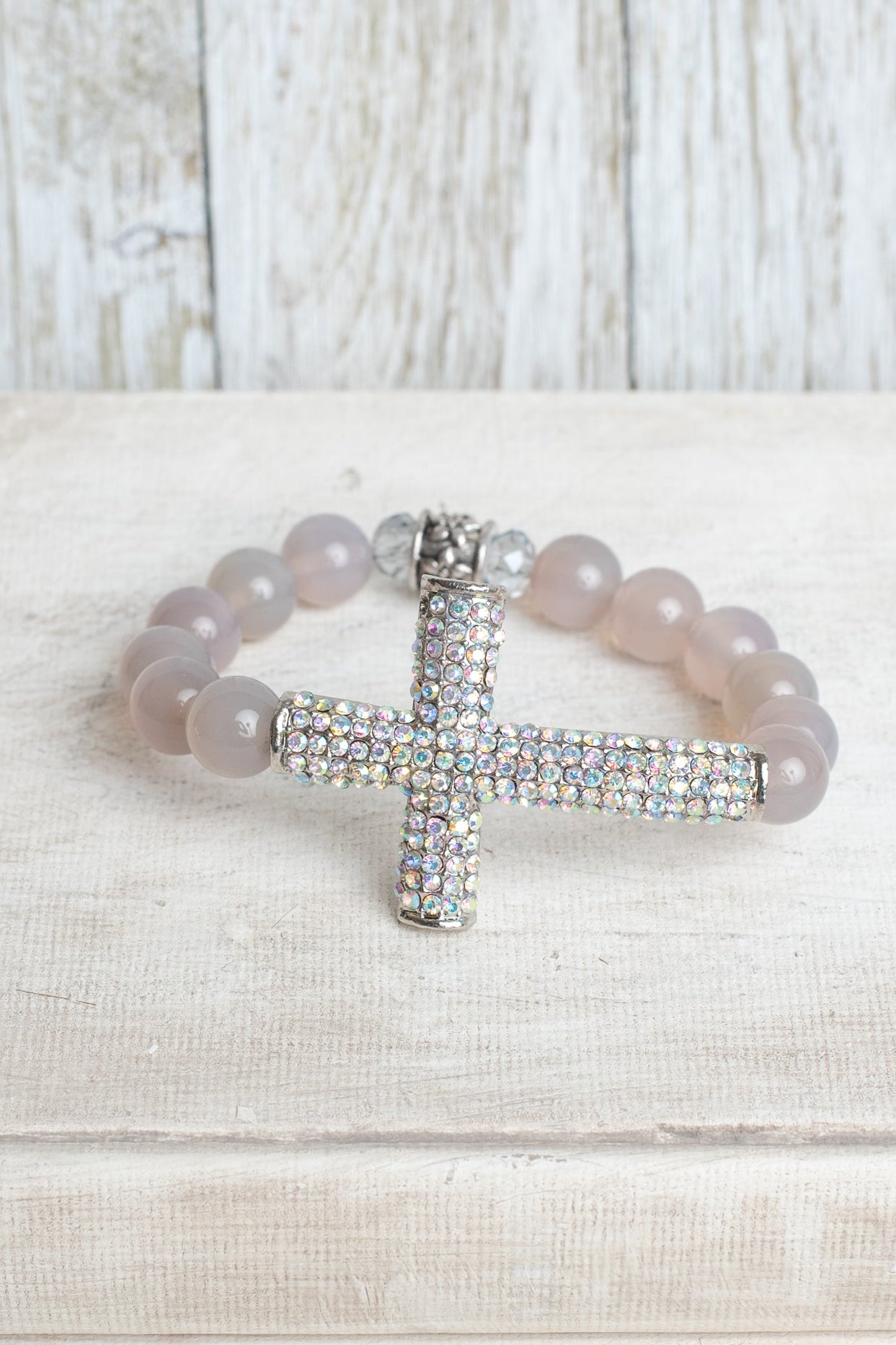Gray Quartz Beaded Bracelet with Bold Aurora Borealis Pave Crystal Silvertone Cross