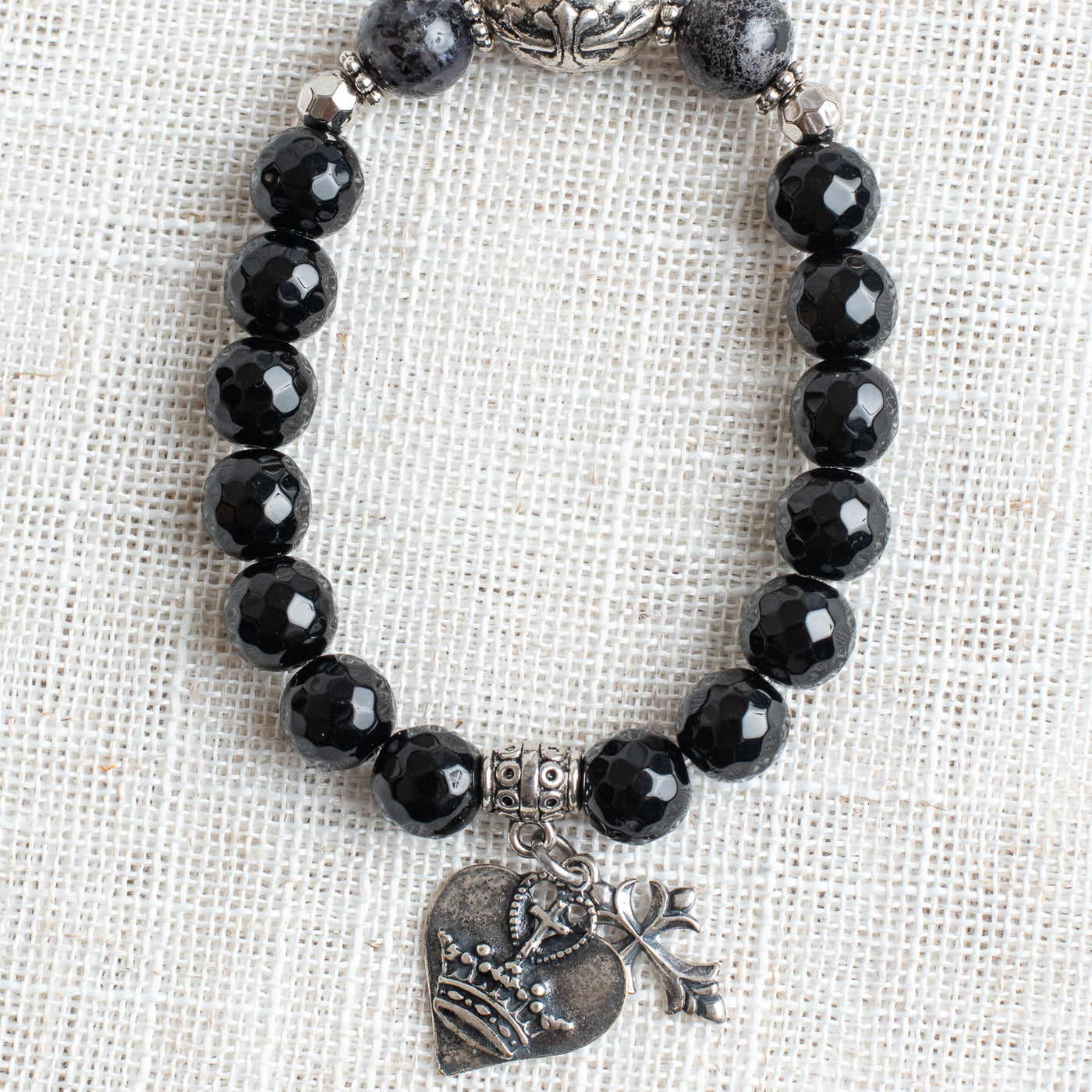 Black Onyx Beaded Stretch Bracelet with Gold Plated Cube Beads with Crystal Letters saying LOVE