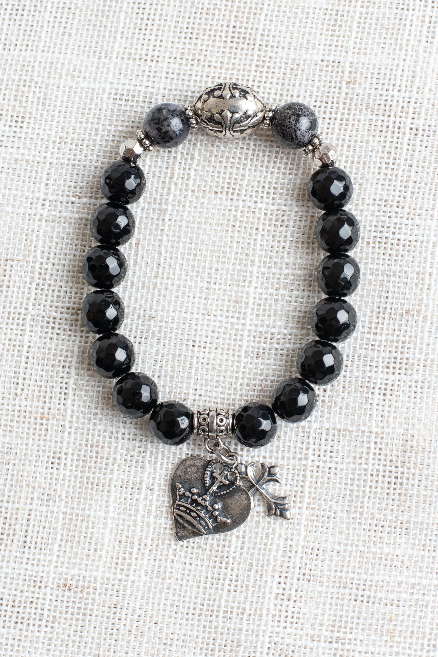 Black Onyx Beaded Stretch Bracelet with Gold Plated Cube Beads with Crystal Letters saying LOVE