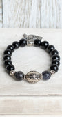 Black Onyx Beaded Stretch Bracelet with Gold Plated Cube Beads with Crystal Letters saying LOVE