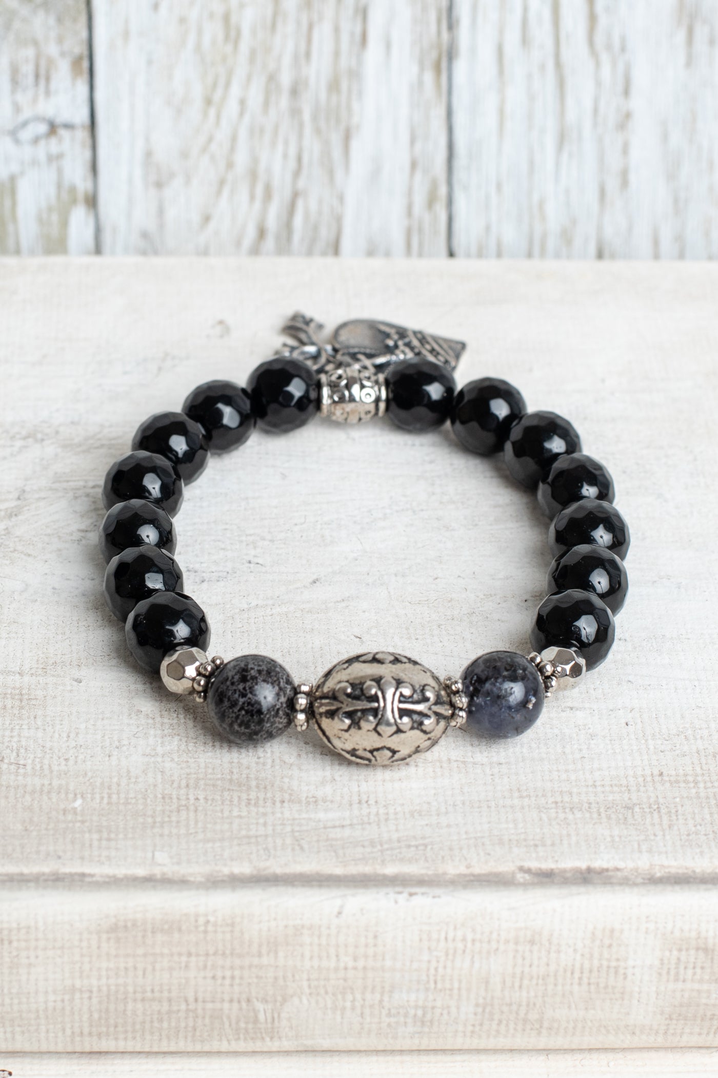 Black Onyx Beaded Stretch Bracelet with Gold Plated Cube Beads with Crystal Letters saying LOVE