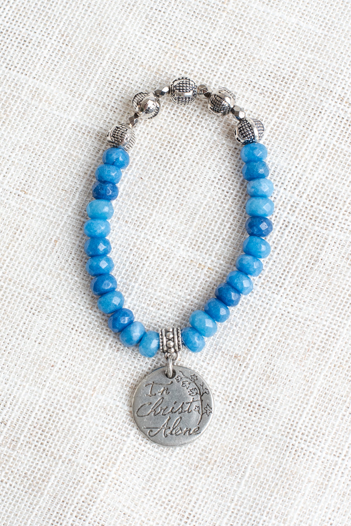 Royal Blue Quartz Beaded Stretch Bracelet with Sterling Silver Beads Spelling Faih and Charm