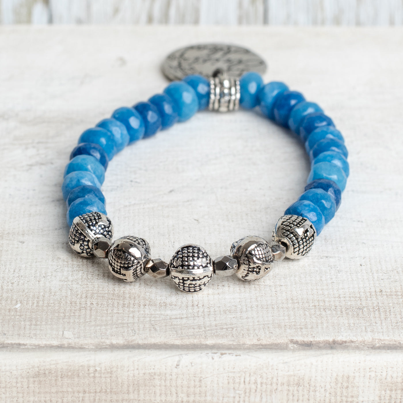 Royal Blue Quartz Beaded Stretch Bracelet with Sterling Silver Beads Spelling Faih and Charm