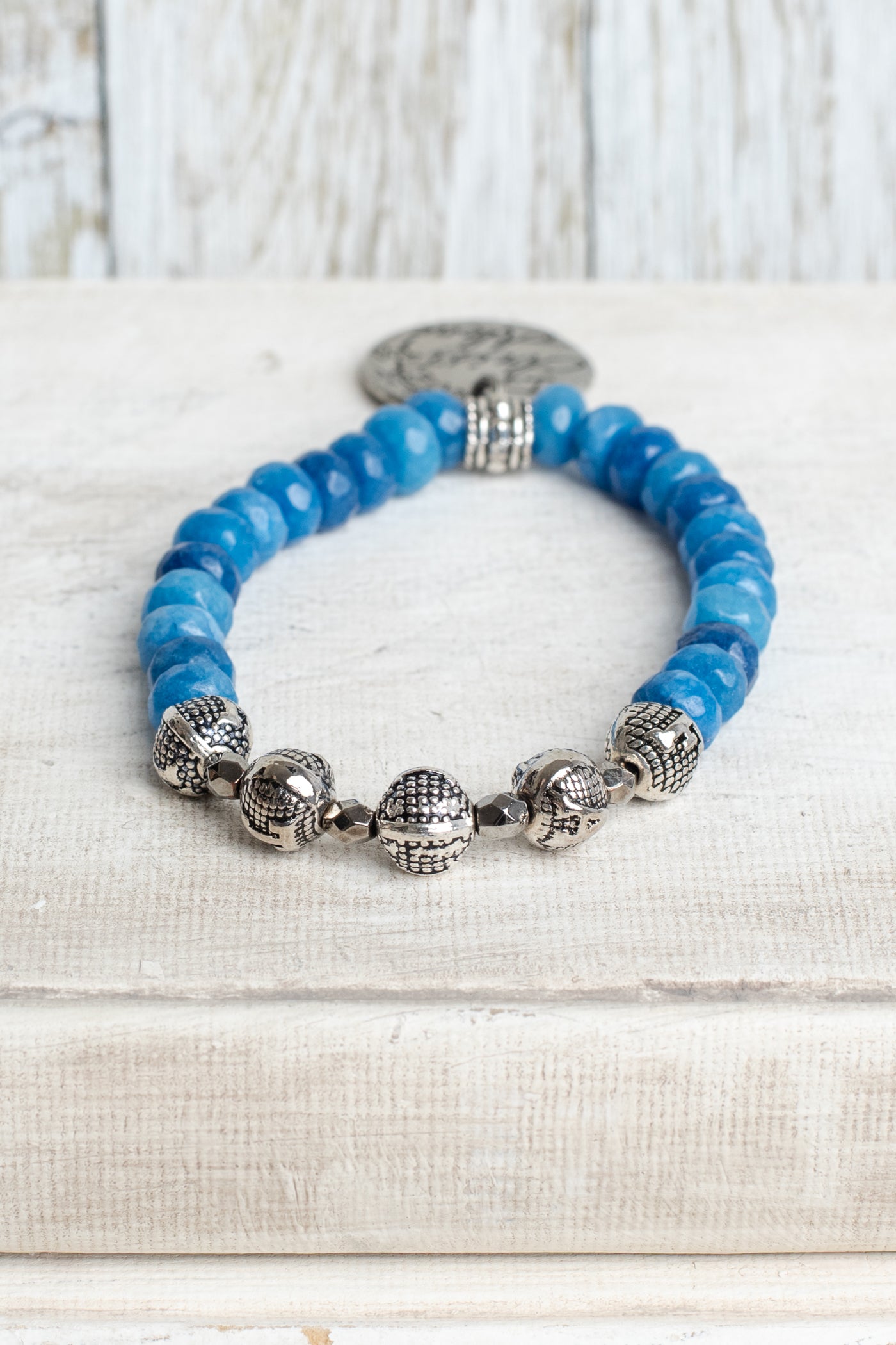 Royal Blue Quartz Beaded Stretch Bracelet with Sterling Silver Beads Spelling Faih and Charm