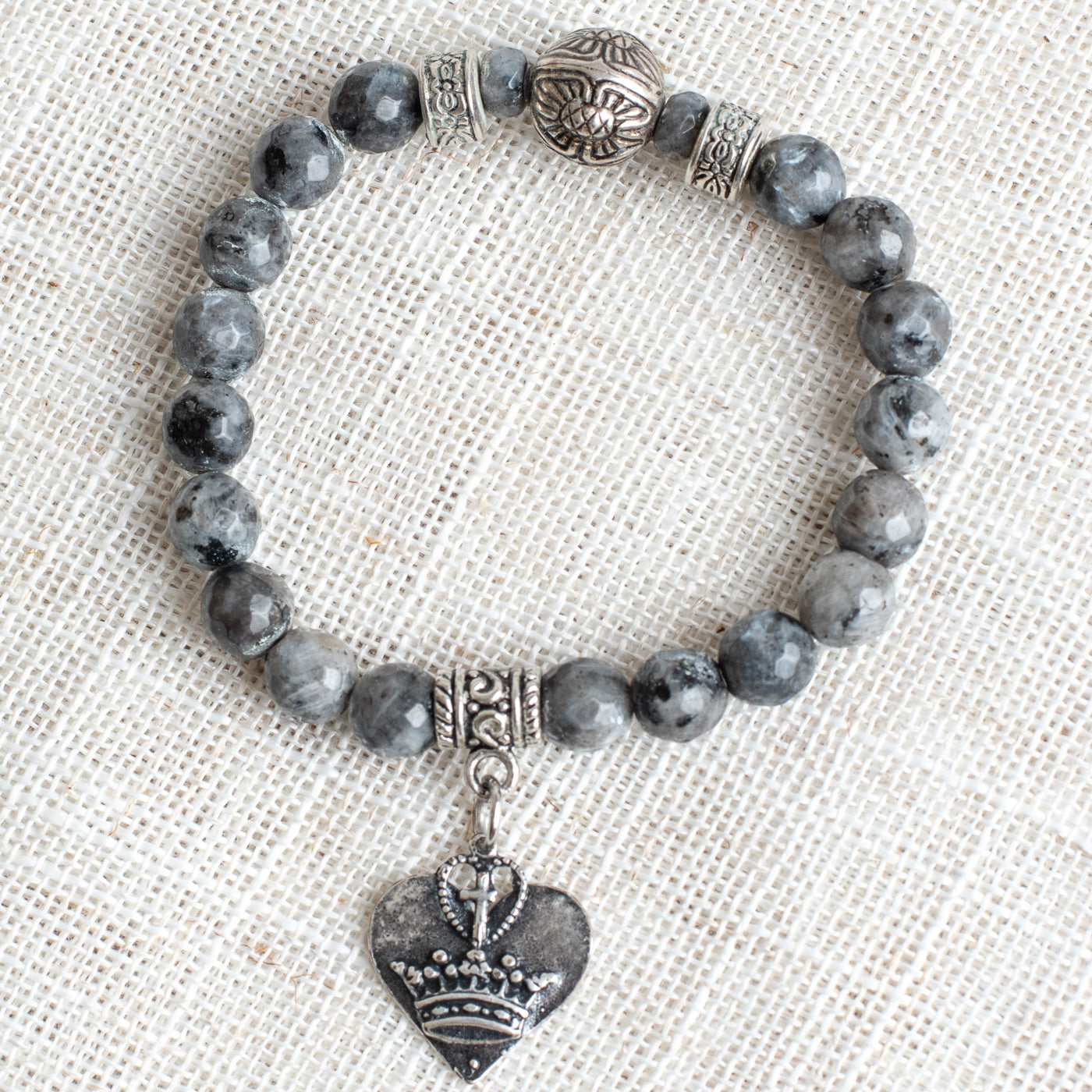 Black Labradorite Beaded Stretch Bracelet with Antique Silver Tone Heart Charm with Crown and Cross