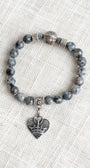 Black Labradorite Beaded Stretch Bracelet with Antique Silver Tone Heart Charm with Crown and Cross
