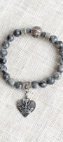 Black Labradorite Beaded Stretch Bracelet with Antique Silver Tone Heart Charm with Crown and Cross