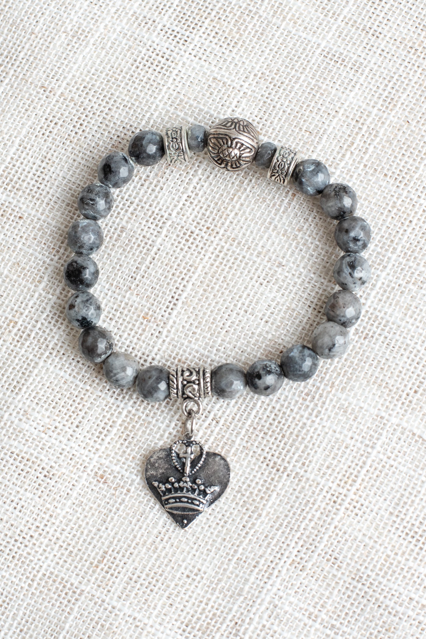 Black Labradorite Beaded Stretch Bracelet with Antique Silver Tone Heart Charm with Crown and Cross