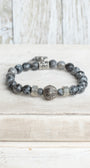 Black Labradorite Beaded Stretch Bracelet with Antique Silver Tone Heart Charm with Crown and Cross