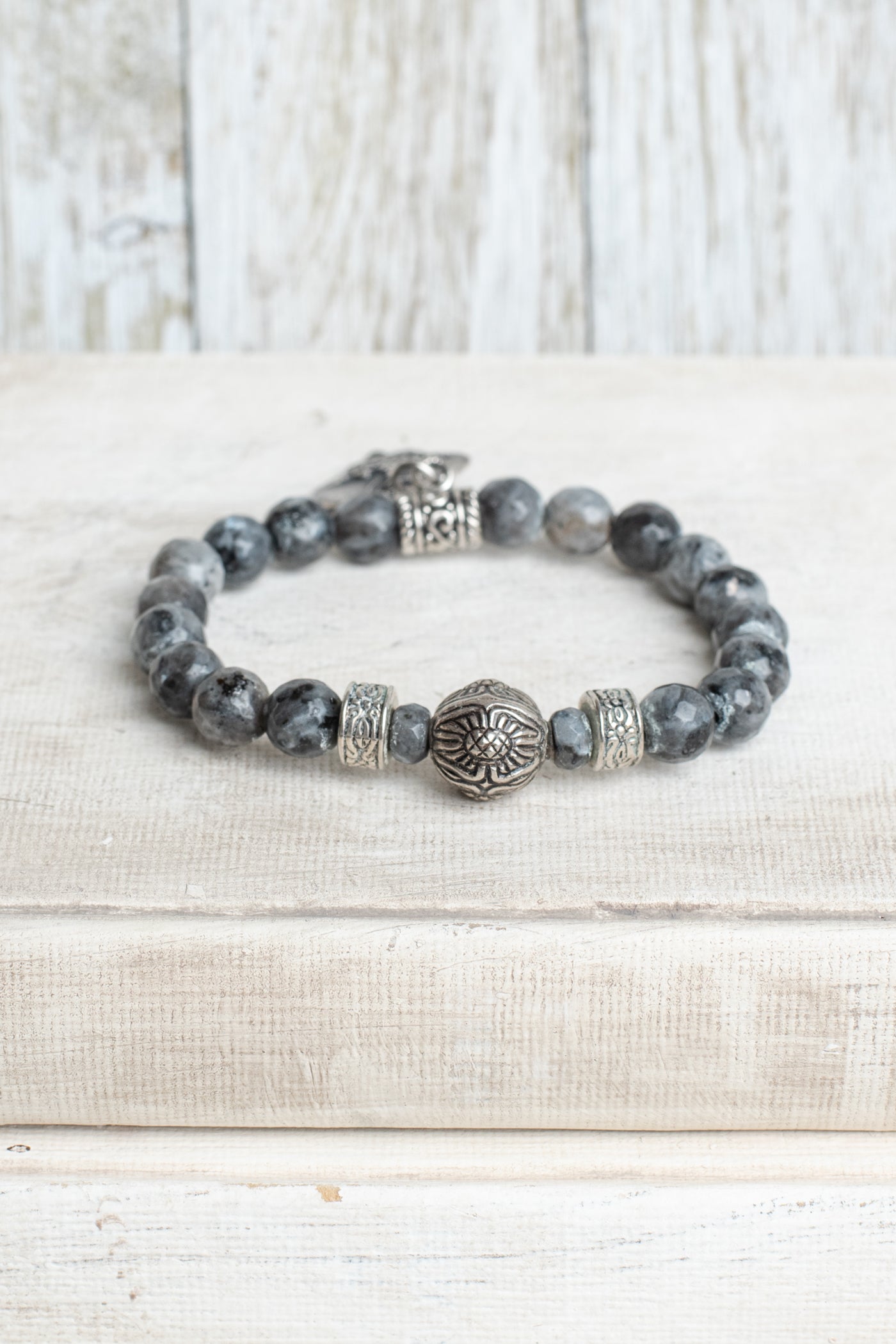 Black Labradorite Beaded Stretch Bracelet with Antique Silver Tone Heart Charm with Crown and Cross