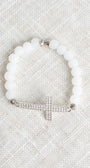 Matte White Quartz Beaded Bracelet with Pave Crystal Silvertone Cross