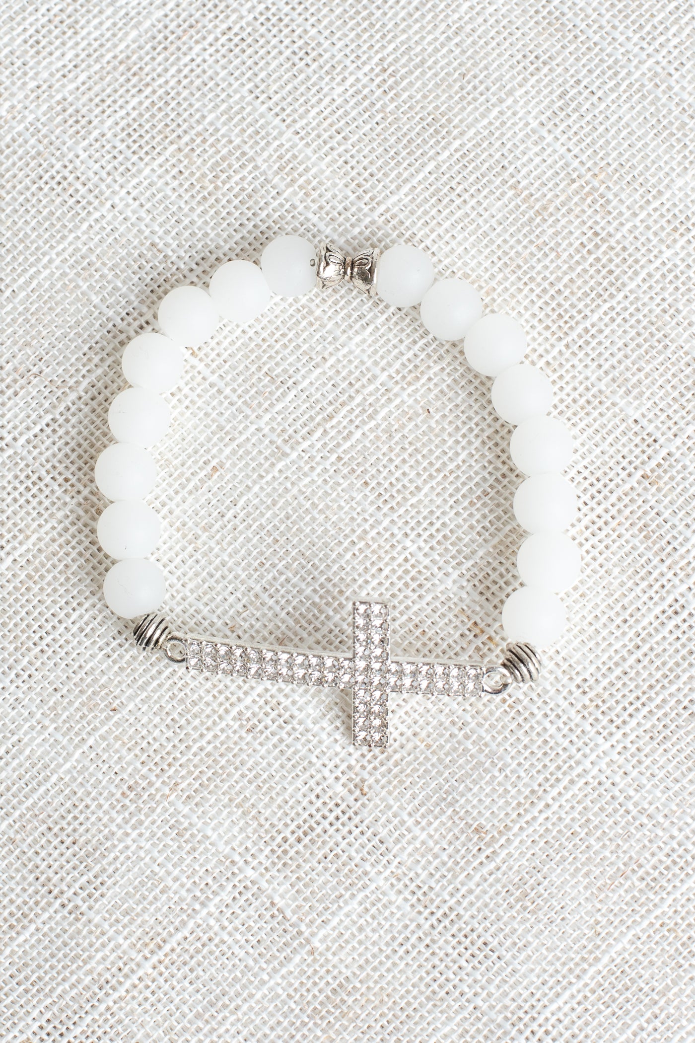 Matte White Quartz Beaded Bracelet with Pave Crystal Silvertone Cross