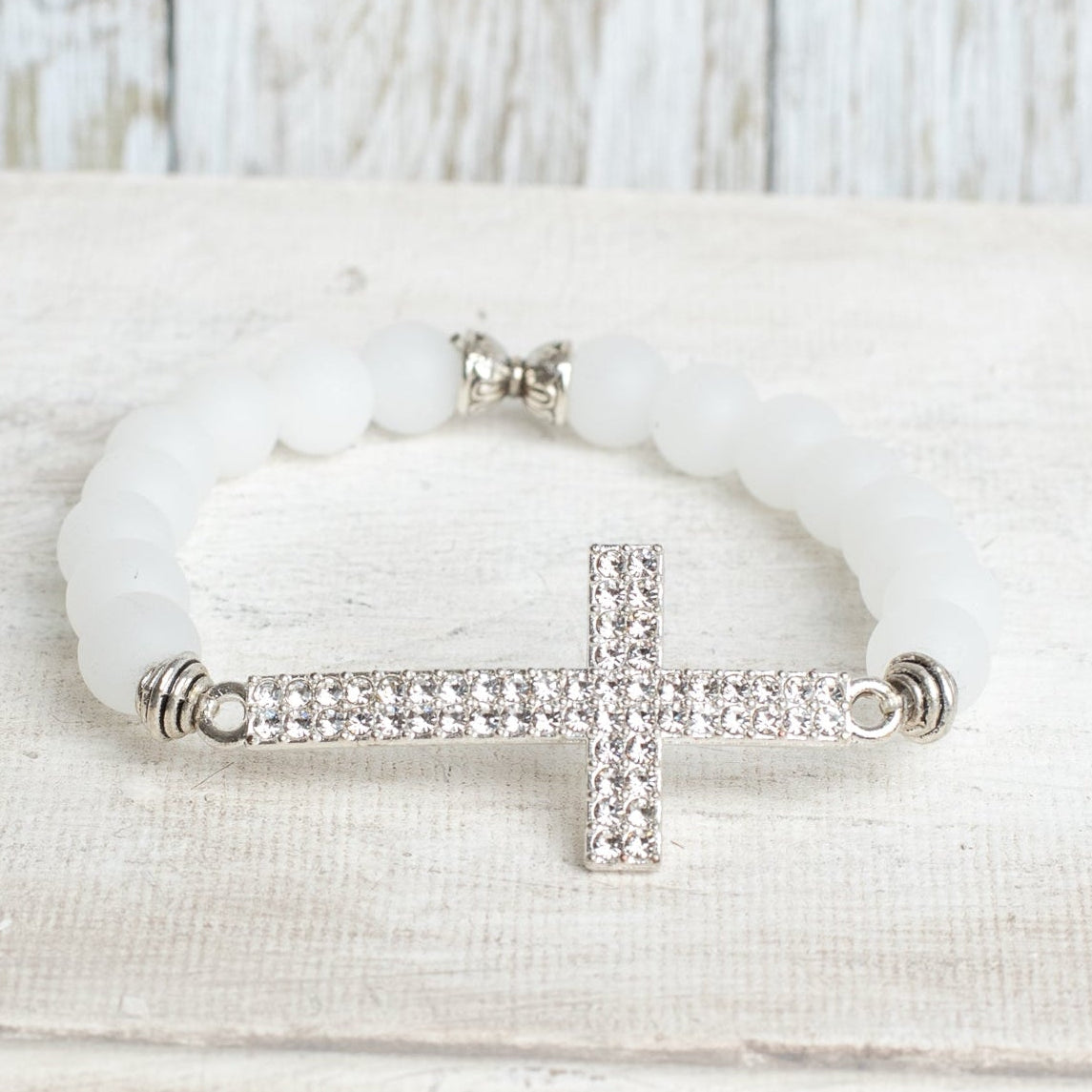 Matte White Quartz Beaded Bracelet with Pave Crystal Silvertone Cross