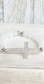 Matte White Quartz Beaded Bracelet with Pave Crystal Silvertone Cross