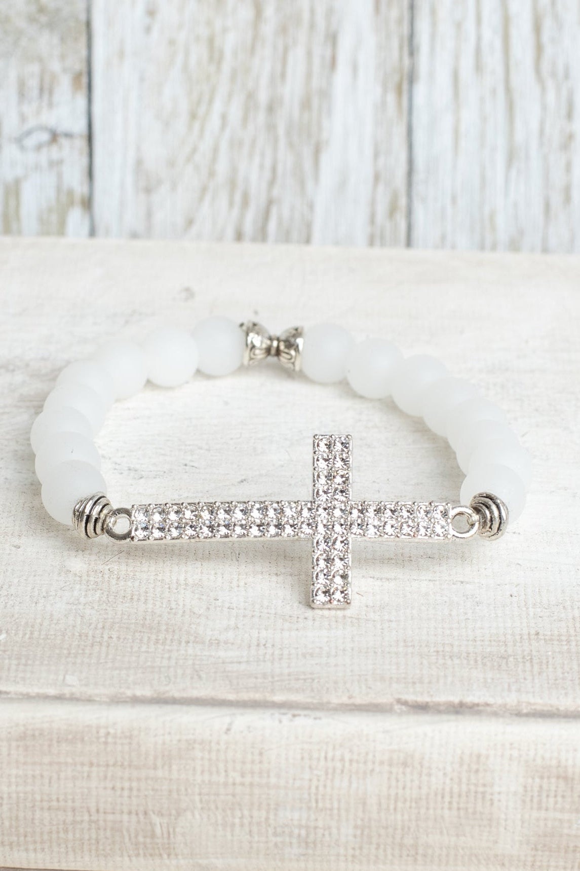 Matte White Quartz Beaded Bracelet with Pave Crystal Silvertone Cross