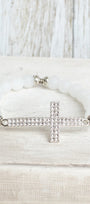 Matte White Quartz Beaded Bracelet with Pave Crystal Silvertone Cross