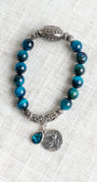 Silver Italian Style Focal Bead and Bird Hope Charm on Turquoise Tiger's Eye Beaded Stretch Bracelet