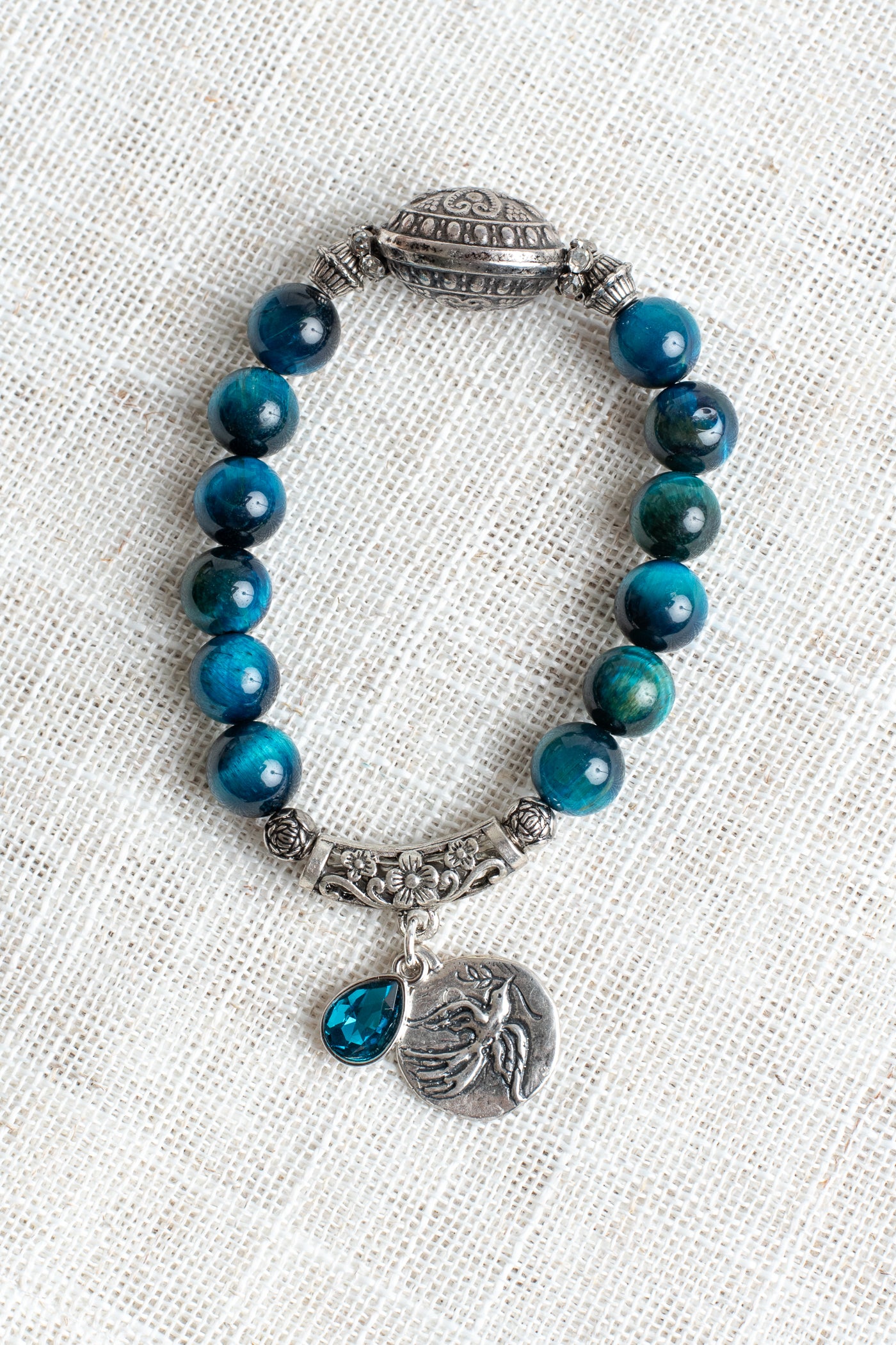 Silver Italian Style Focal Bead and Bird Hope Charm on Turquoise Tiger's Eye Beaded Stretch Bracelet