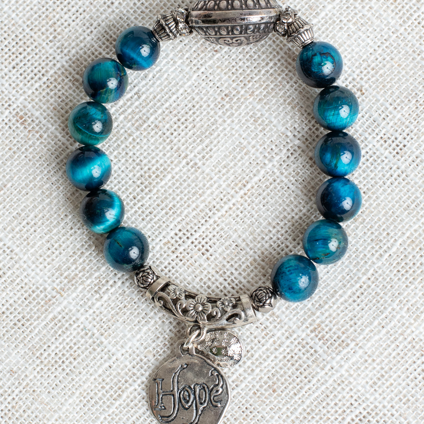 Silver Italian Style Focal Bead and Bird Hope Charm on Turquoise Tiger's Eye Beaded Stretch Bracelet