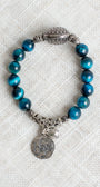 Silver Italian Style Focal Bead and Bird Hope Charm on Turquoise Tiger's Eye Beaded Stretch Bracelet