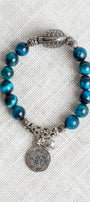 Silver Italian Style Focal Bead and Bird Hope Charm on Turquoise Tiger's Eye Beaded Stretch Bracelet