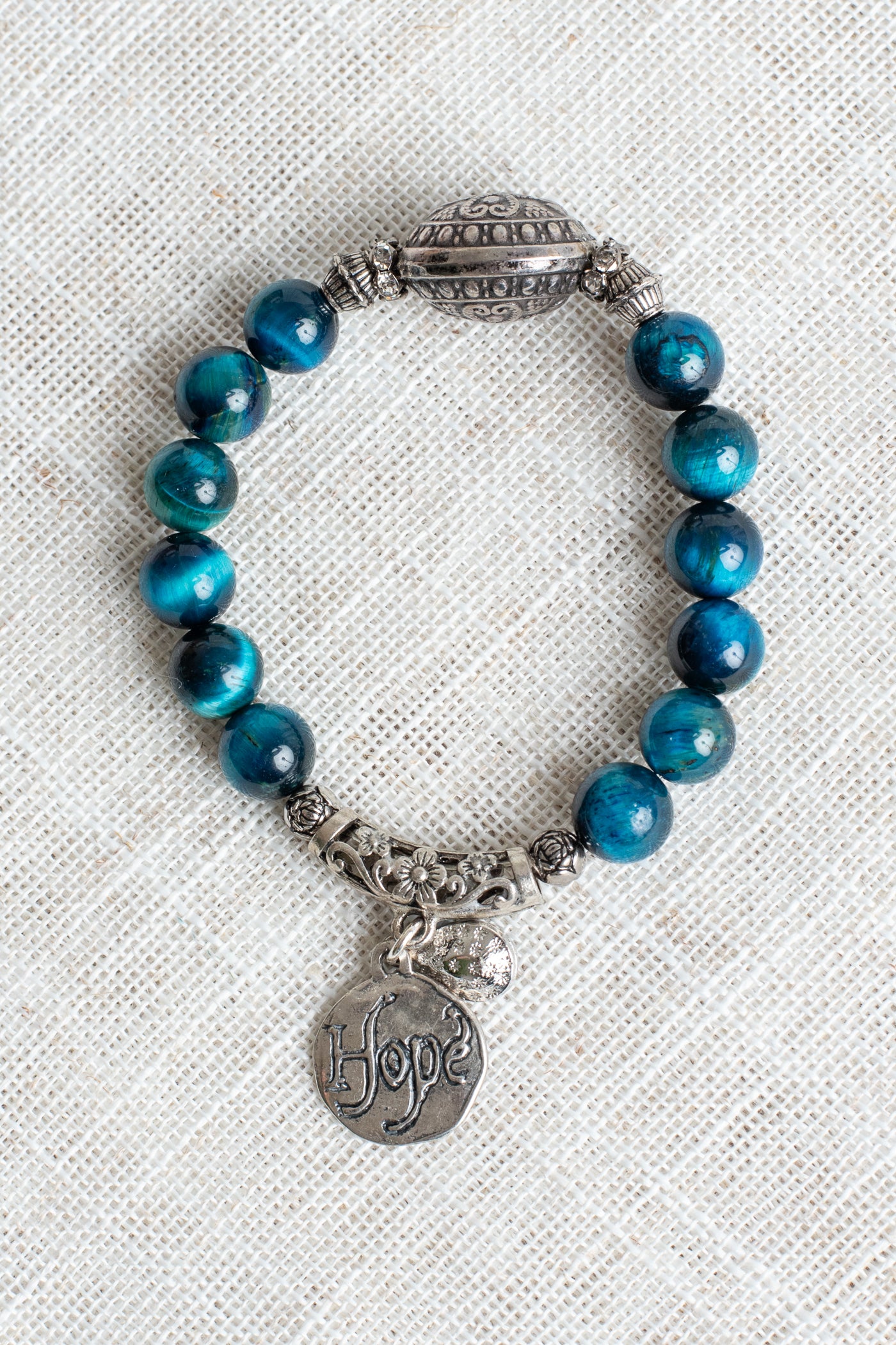 Silver Italian Style Focal Bead and Bird Hope Charm on Turquoise Tiger's Eye Beaded Stretch Bracelet