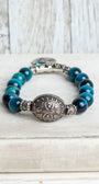 Silver Italian Style Focal Bead and Bird Hope Charm on Turquoise Tiger's Eye Beaded Stretch Bracelet