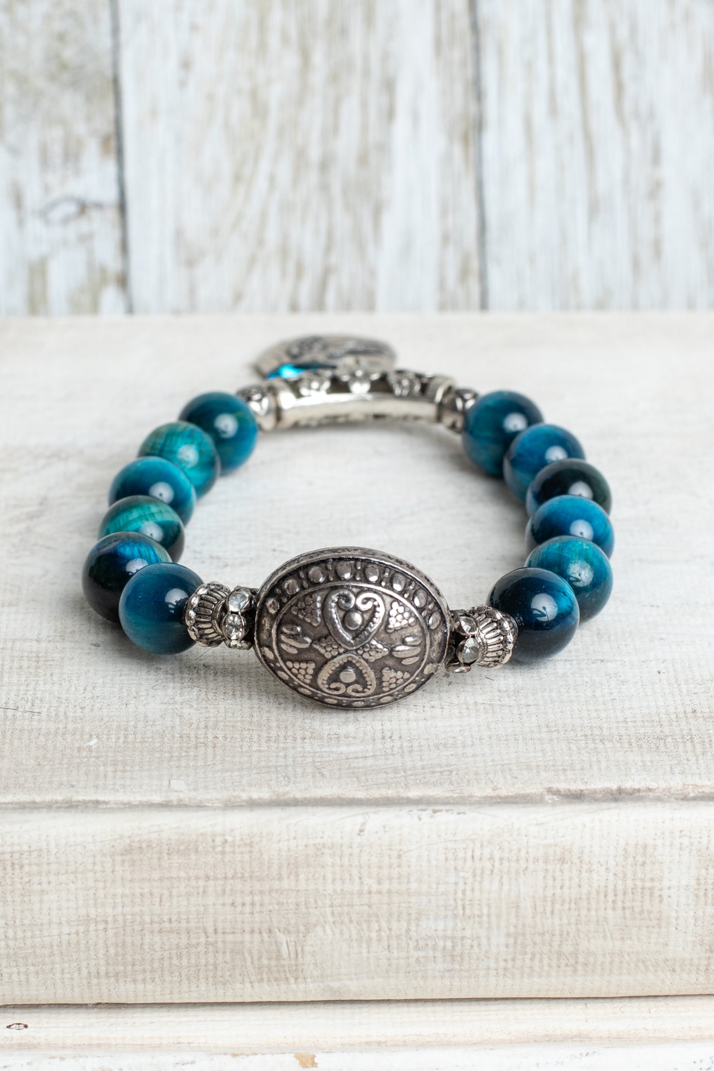 Silver Italian Style Focal Bead and Bird Hope Charm on Turquoise Tiger's Eye Beaded Stretch Bracelet