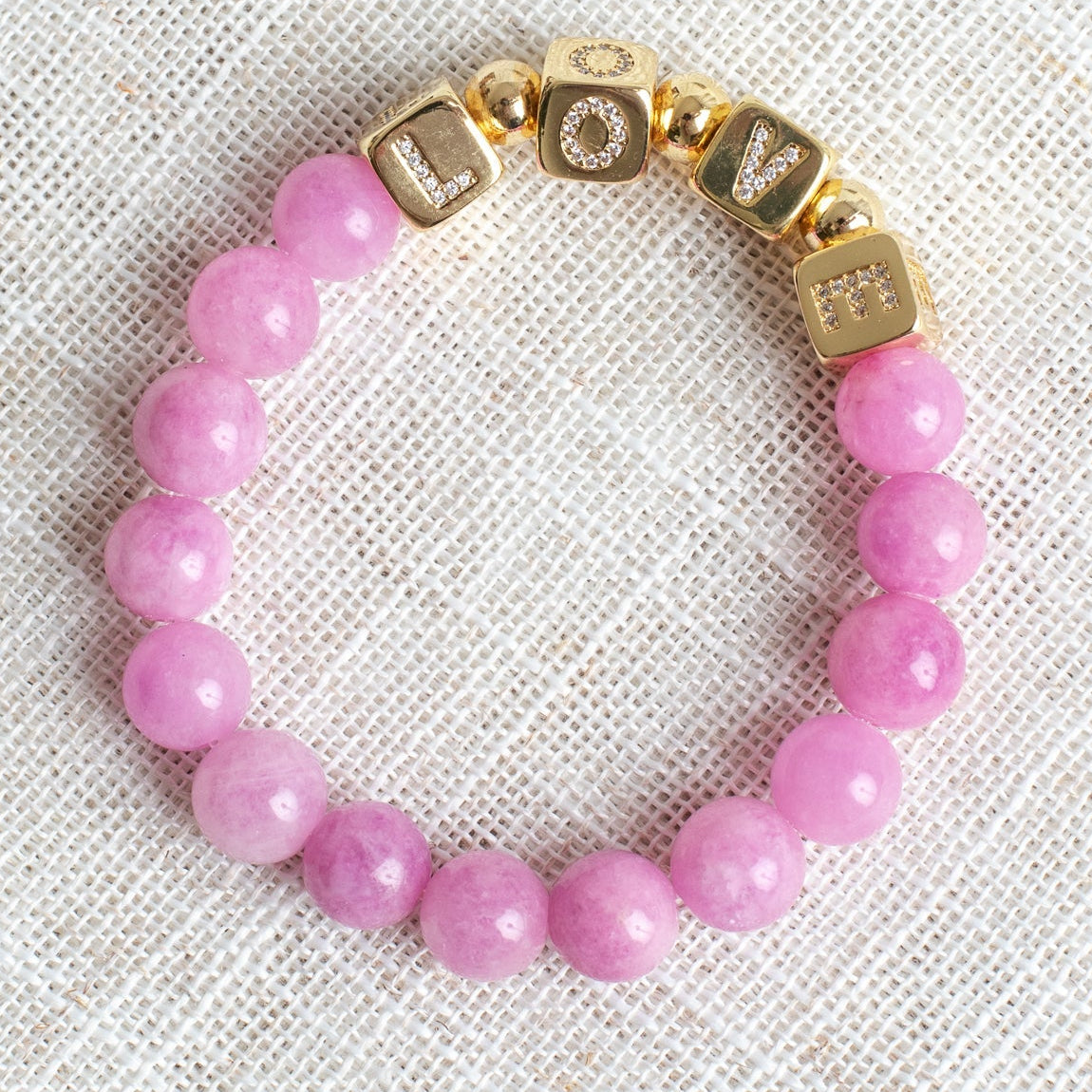 Striking Gold Plated Cube Beads with Pave Crystal Letters Spelling LOVE on Pink Agate Stretch Bracelet (Copy)