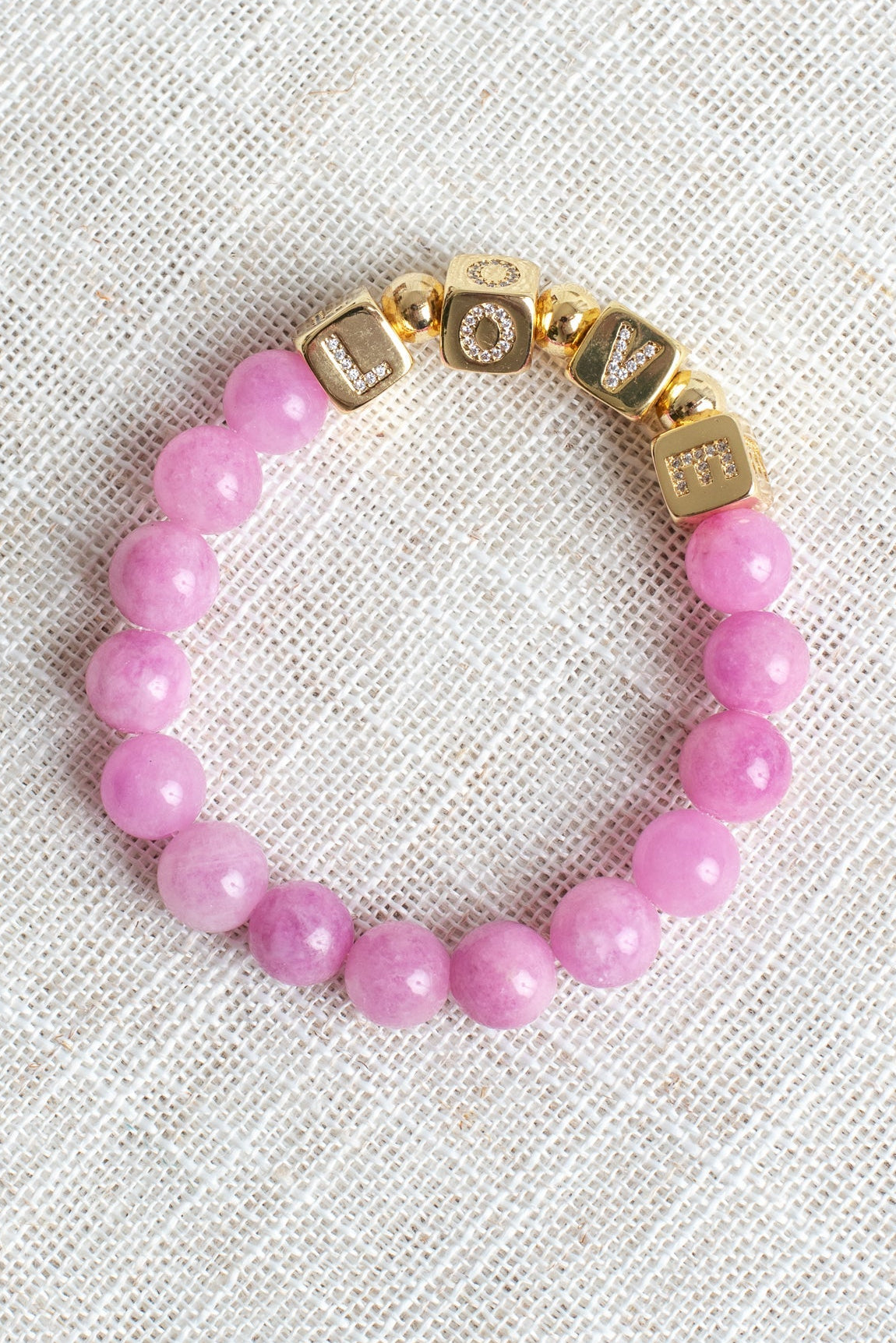 Striking Gold Plated Cube Beads with Pave Crystal Letters Spelling LOVE on Pink Agate Stretch Bracelet (Copy)
