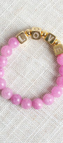 Striking Gold Plated Cube Beads with Pave Crystal Letters Spelling LOVE on Pink Agate Stretch Bracelet (Copy)